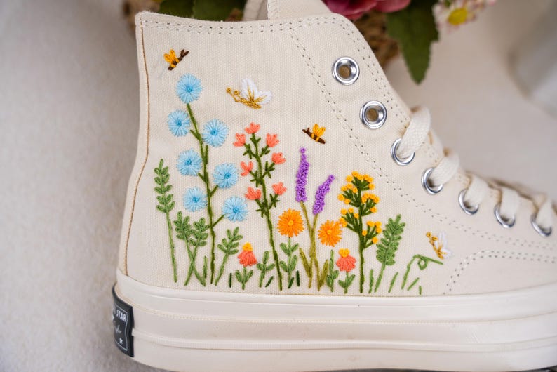 Custom Converse Wedding Flowers Embroidered Shoes Bridal Flowers Embroidered High Tops