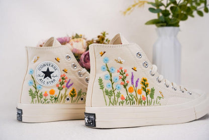 Custom Converse Wedding Flowers Embroidered Shoes Bridal Flowers Embroidered High Tops