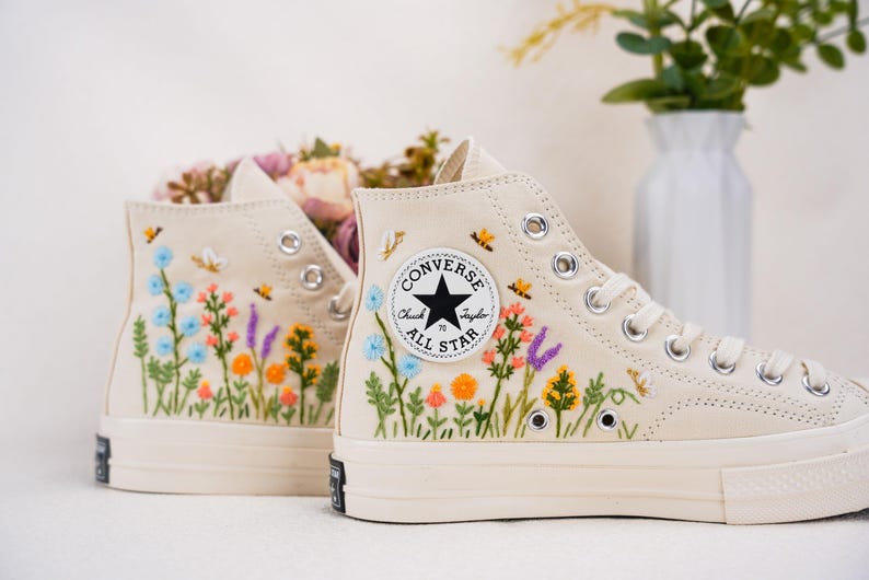 Custom Converse Wedding Flowers Embroidered Shoes Bridal Flowers Embroidered High Tops