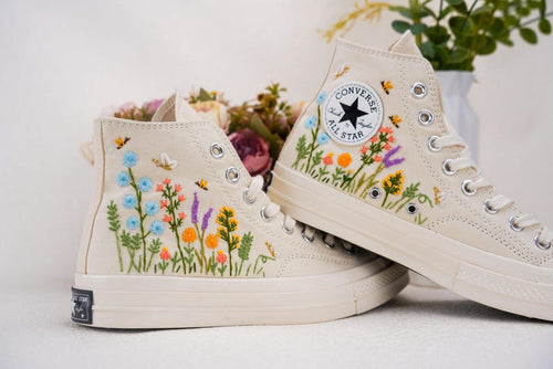 Custom Converse Wedding Flowers Embroidered Shoes Bridal Flowers Embroidered High Tops