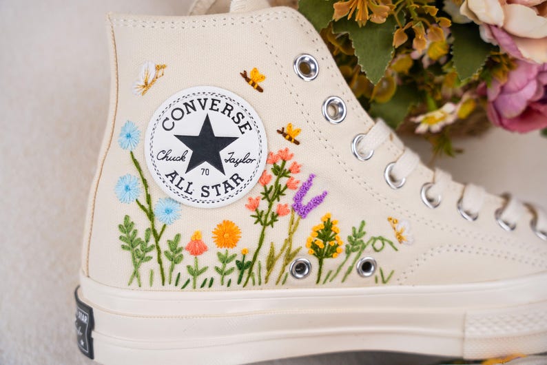 Custom Converse Wedding Flowers Embroidered Shoes Bridal Flowers Embroidered High Tops