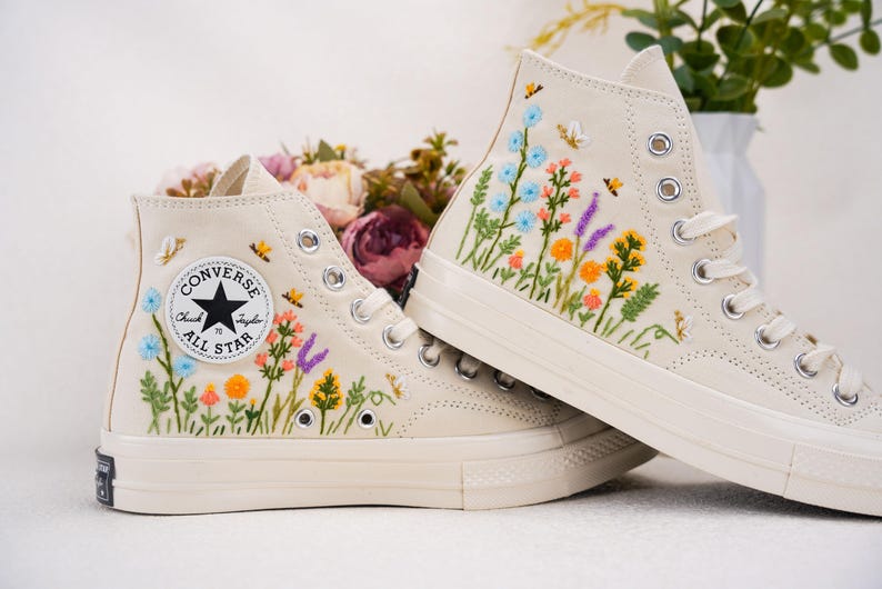 Custom Converse Wedding Flowers Embroidered Shoes Bridal Flowers Embroidered High Tops