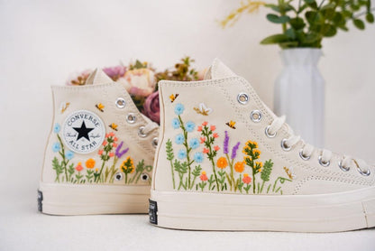 Custom Converse Wedding Flowers Embroidered Shoes Bridal Flowers Embroidered High Tops