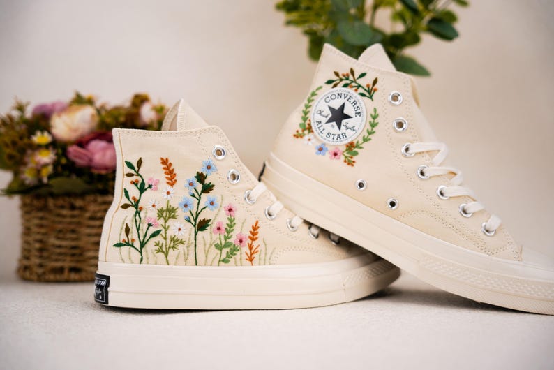 Custom Converse Wedding Flowers Embroidered Shoes Bridal Flowers Embroidered High Tops