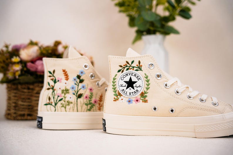Custom Converse Wedding Flowers Embroidered Shoes Bridal Flowers Embroidered High Tops