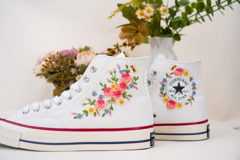 Custom Converse Wedding Flowers Embroidered Shoes Bridal Flowers Embroidered High Tops