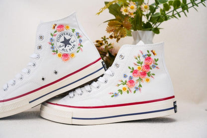 Custom Converse Wedding Flowers Embroidered Shoes Bridal Flowers Embroidered High Tops
