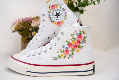 Custom Converse Wedding Flowers Embroidered Shoes Bridal Flowers Embroidered High Tops