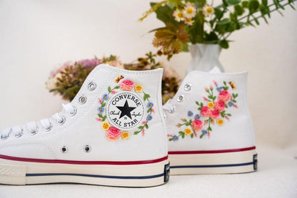 Custom Converse Wedding Flowers Embroidered Shoes Bridal Flowers Embroidered High Tops