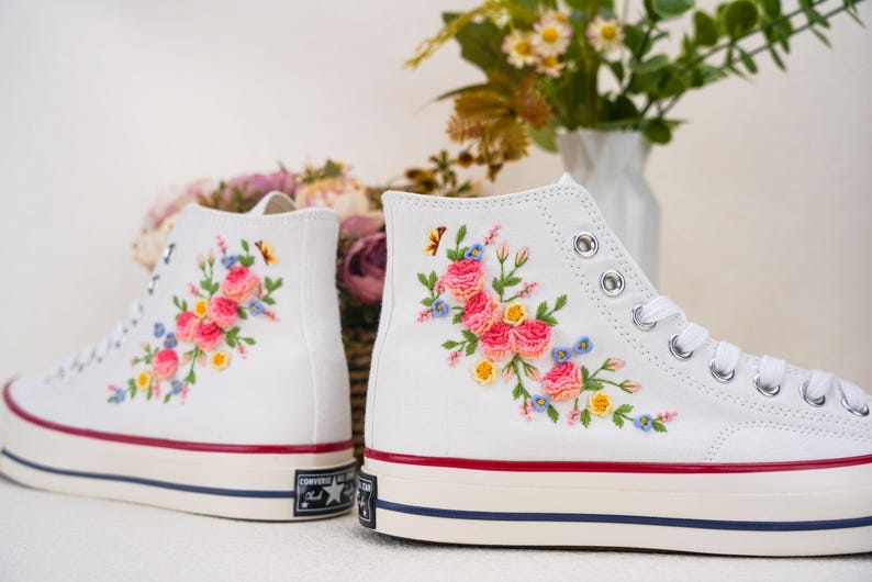 Custom Converse Wedding Flowers Embroidered Shoes Bridal Flowers Embroidered High Tops